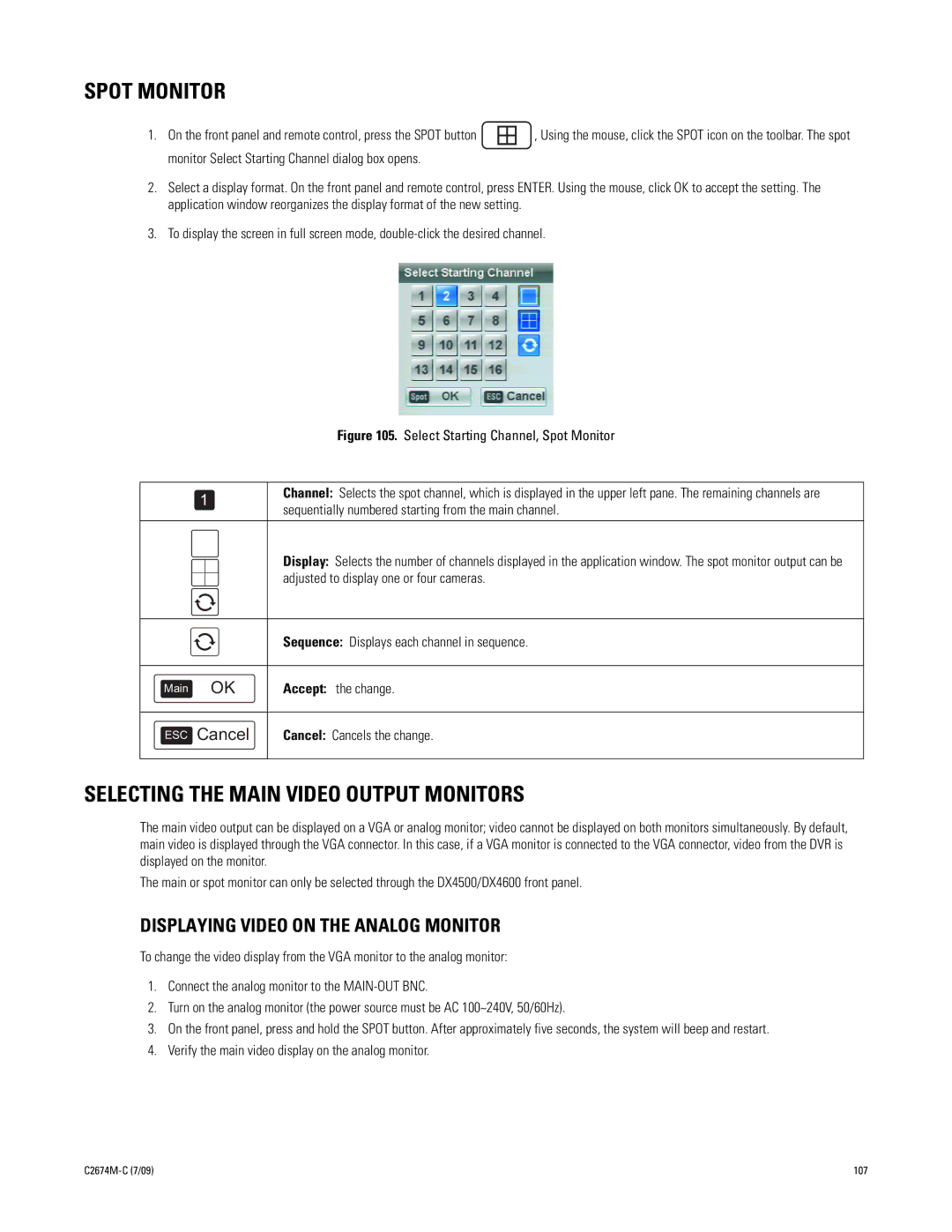 Pelco DX4600 manual Spot Monitor, Selecting the Main Video Output Monitors, Displaying Video on the Analog Monitor 