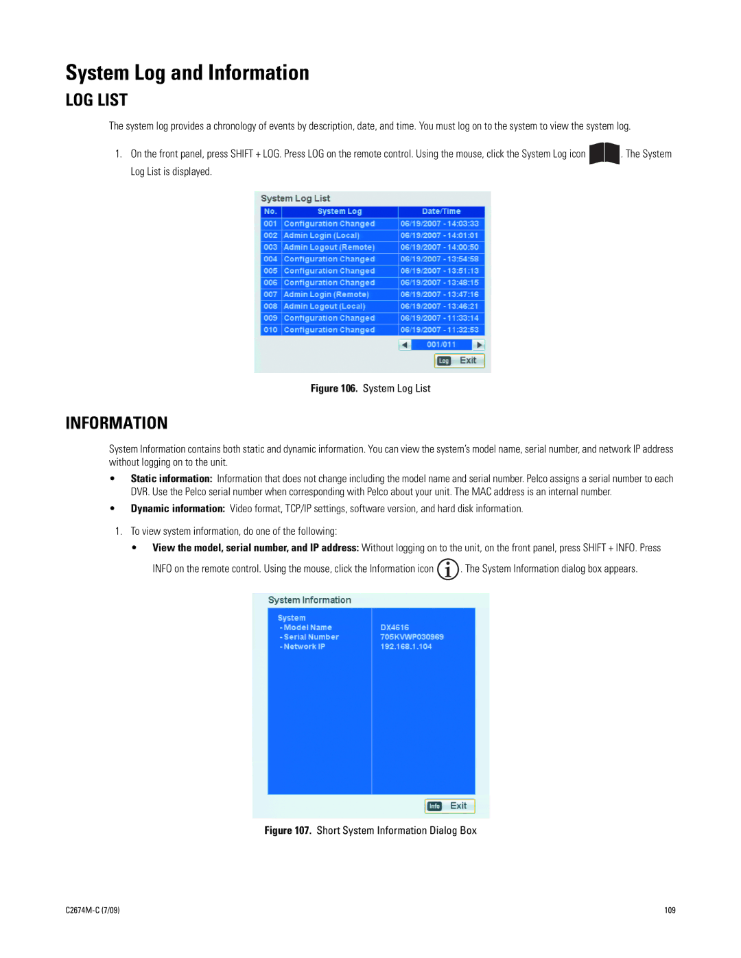 Pelco DX4600 manual System Log and Information, LOG List 