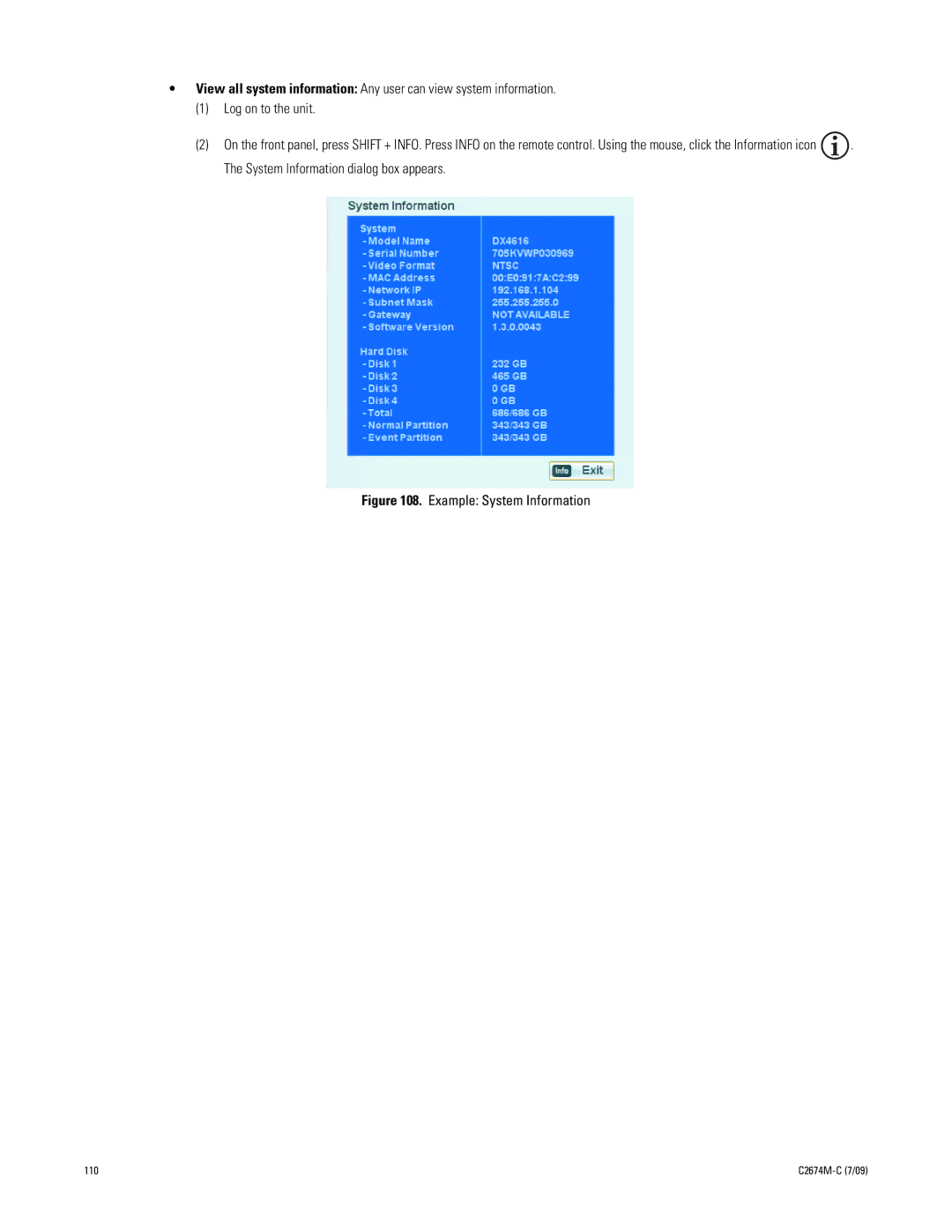 Pelco DX4600 manual Example System Information 