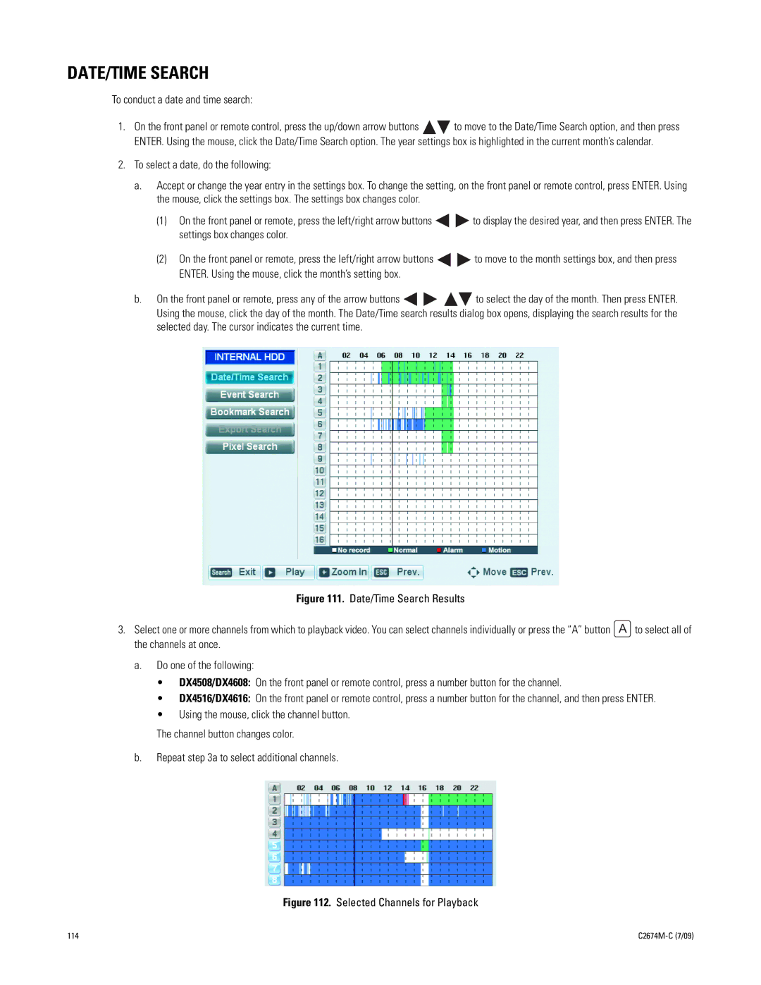 Pelco DX4600 manual DATE/TIME Search, To conduct a date and time search 
