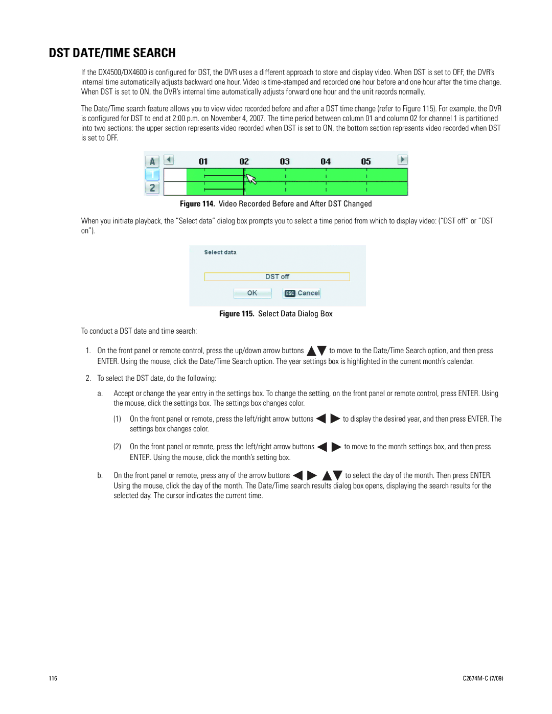 Pelco DX4600 manual DST DATE/TIME Search, Select Data Dialog Box To conduct a DST date and time search 