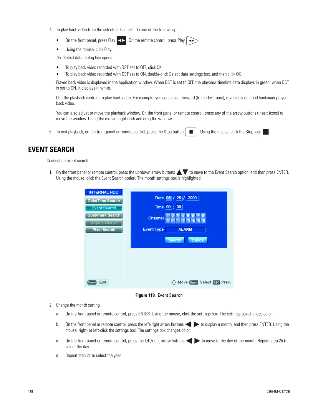 Pelco DX4600 manual Event Search, Conduct an event search, Change the month setting 