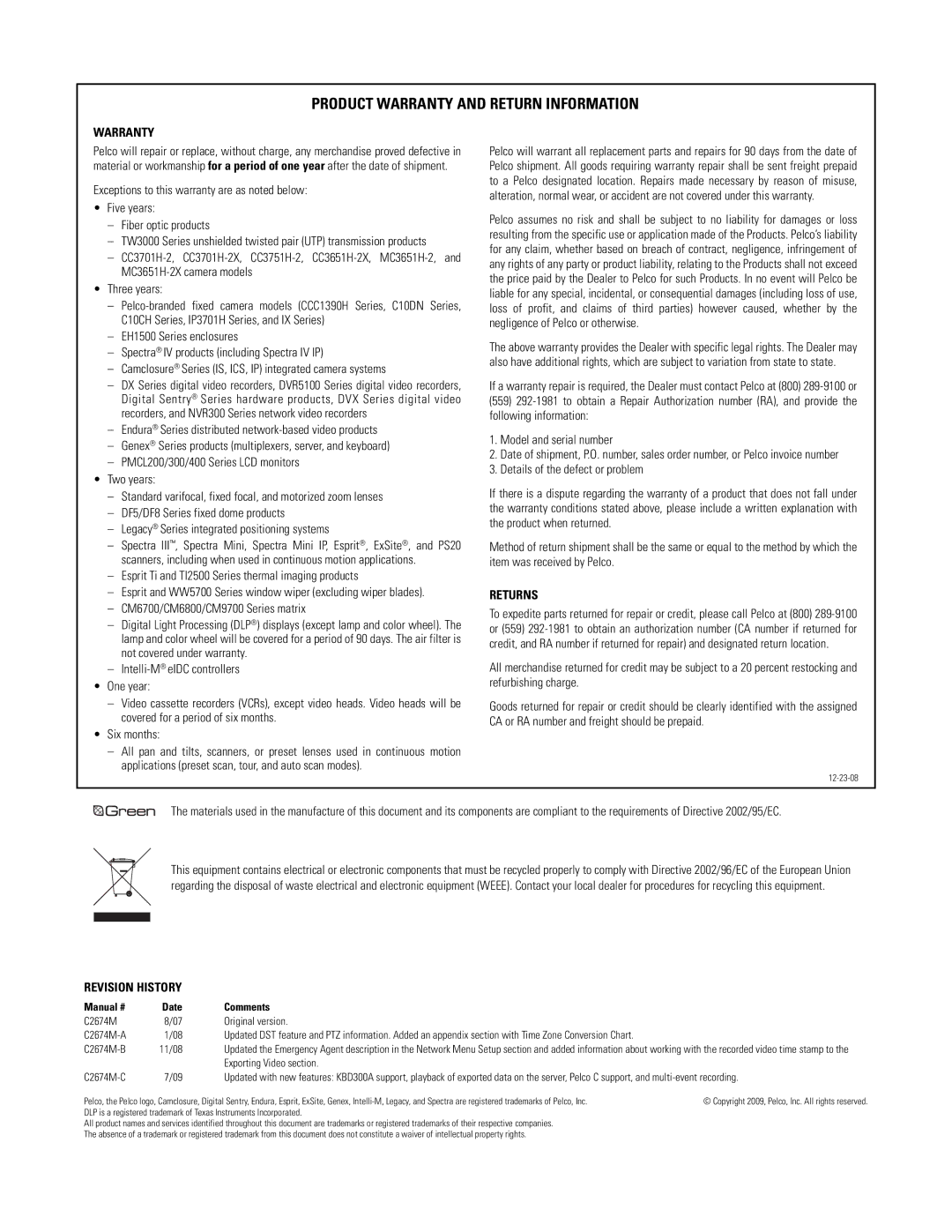 Pelco DX4600 manual Product Warranty and Return Information 