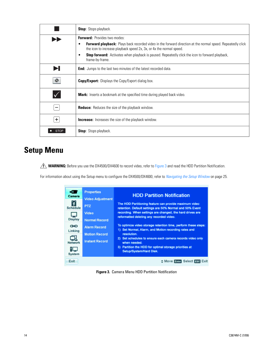 Pelco DX4600 manual Setup Menu, Stop Stops playback Forward Provides two modes 