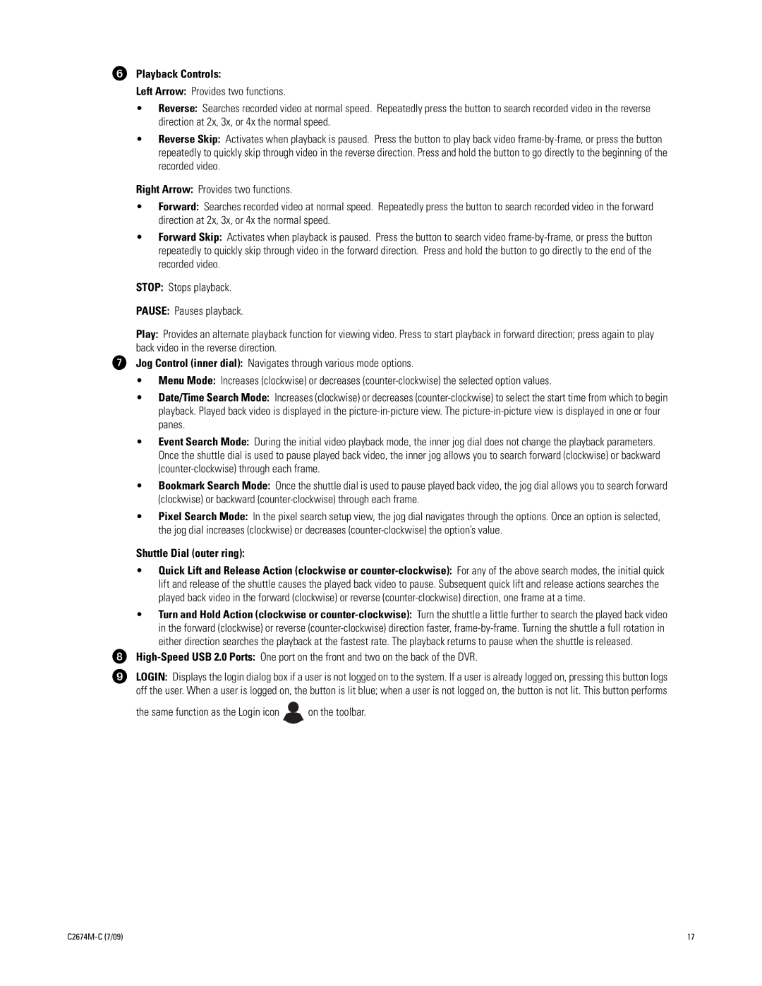 Pelco DX4600 manual Playback Controls, Shuttle Dial outer ring 