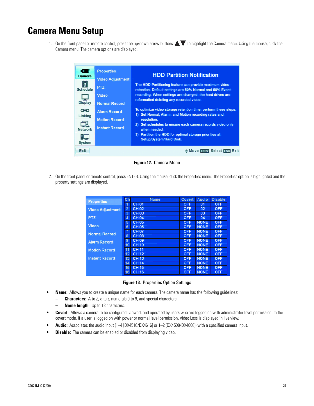 Pelco DX4600 manual Camera Menu Setup 