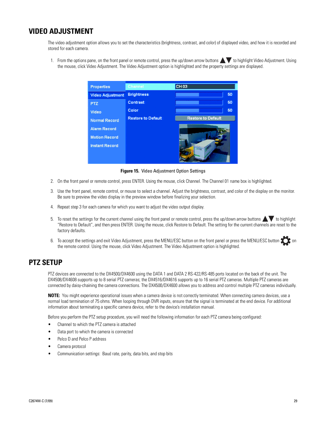 Pelco DX4600 manual Video Adjustment, PTZ Setup 