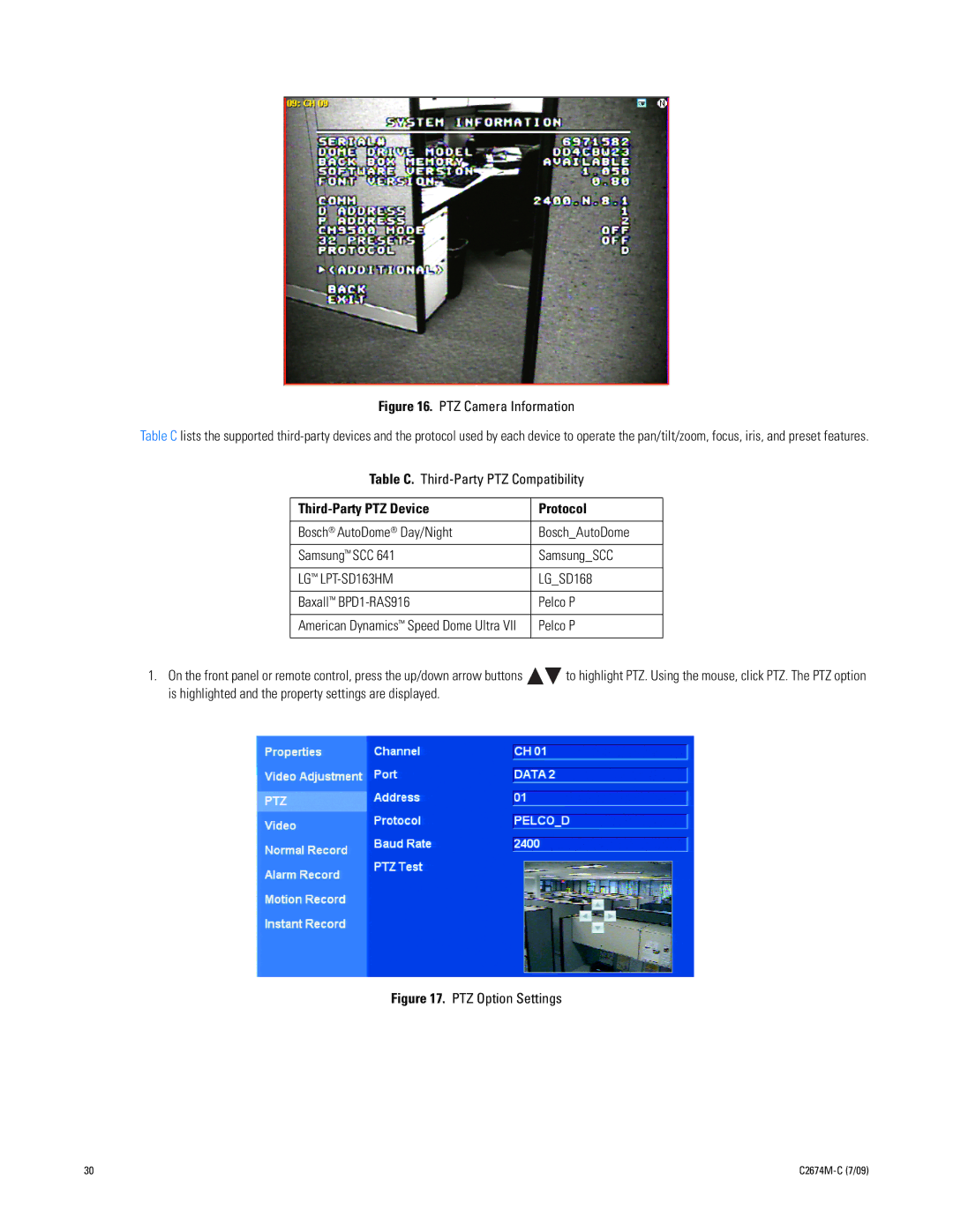 Pelco DX4600 Table C. Third-Party PTZ Compatibility, Third-Party PTZ Device Protocol, LGSD168, Baxall BPD1-RAS916 Pelco P 