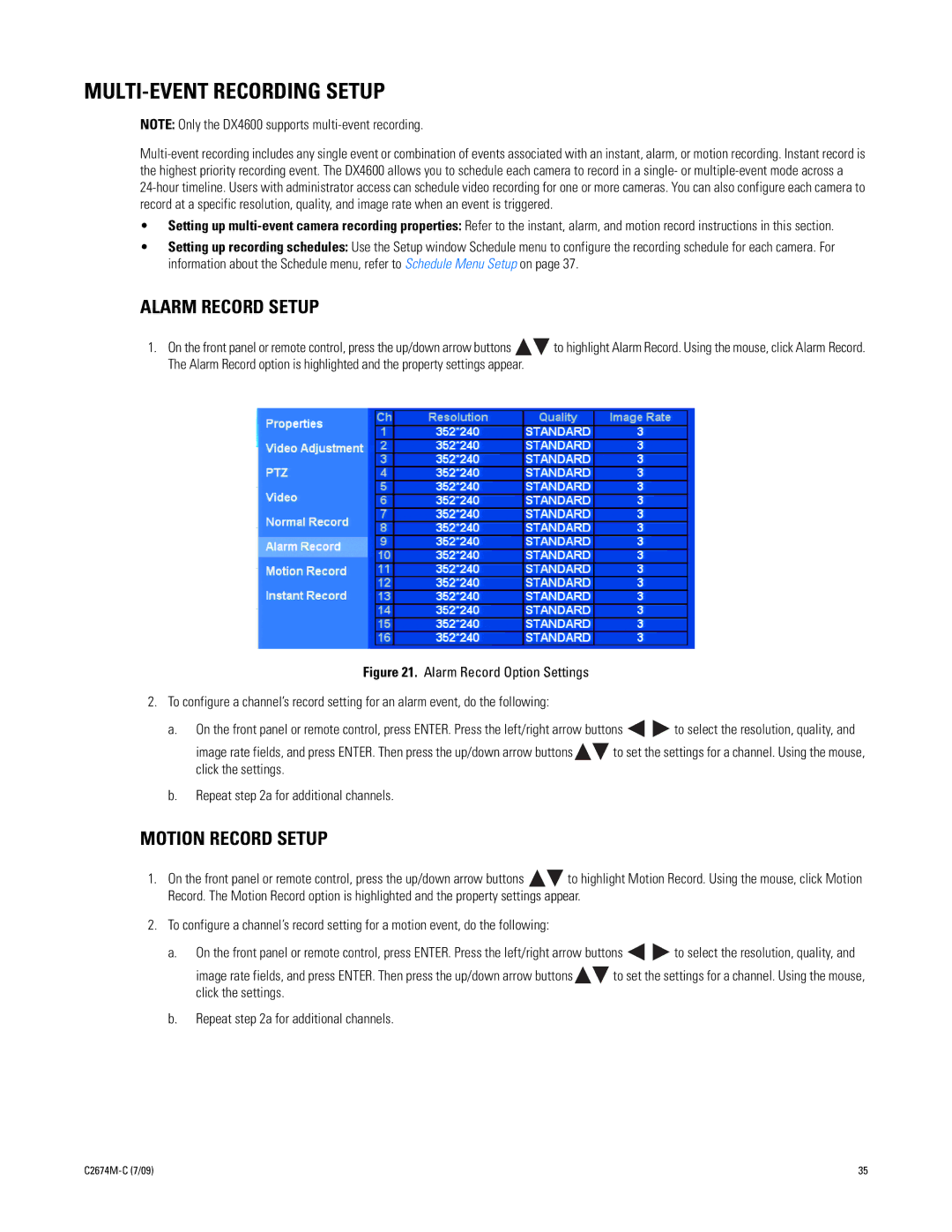Pelco DX4600 manual MULTI-EVENT Recording Setup, Alarm Record Setup, Motion Record Setup 