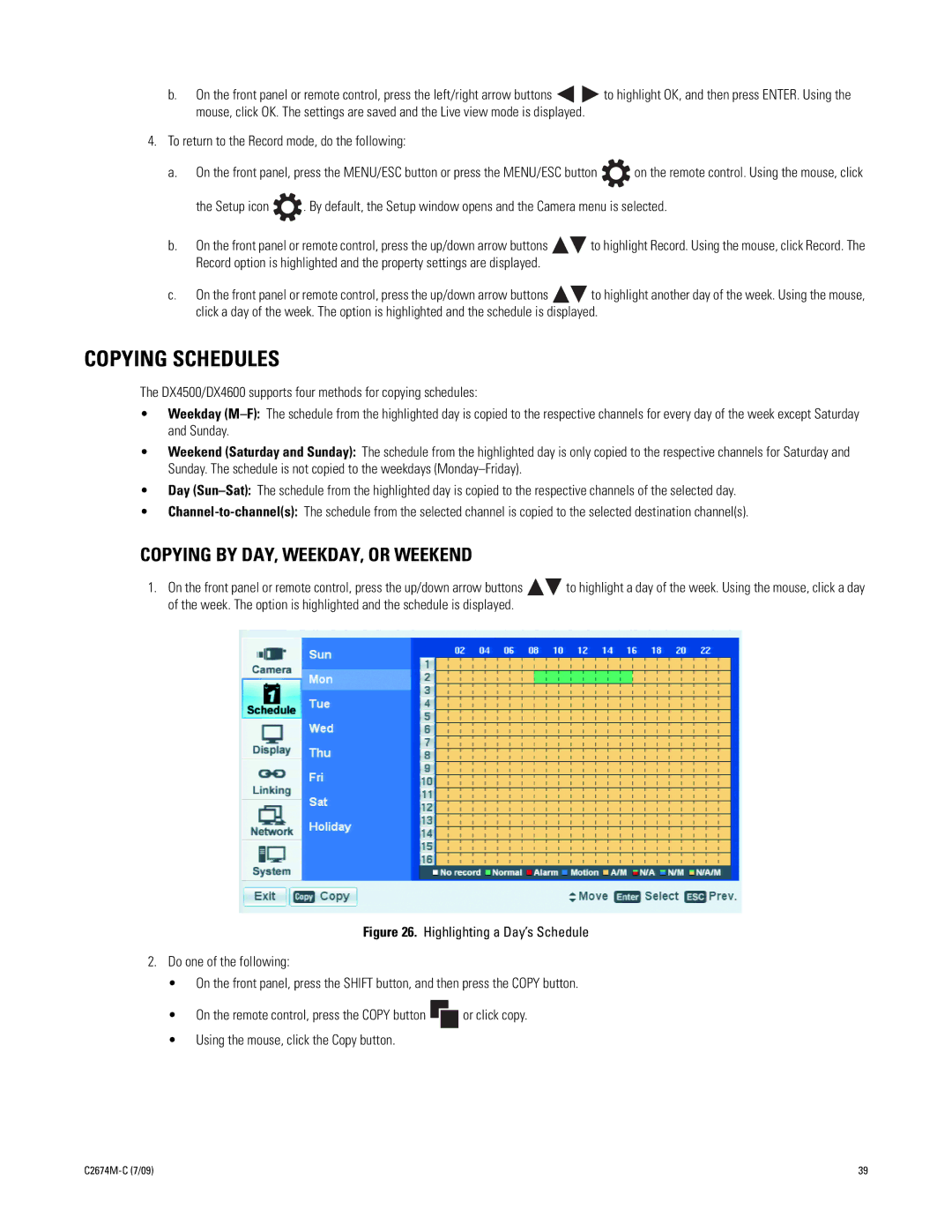 Pelco DX4600 manual Copying Schedules, Copying by DAY, WEEKDAY, or Weekend 