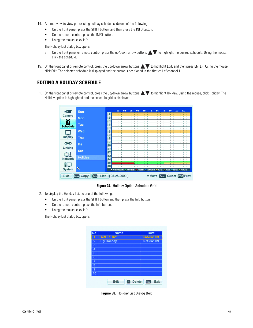 Pelco DX4600 manual Editing a Holiday Schedule, Holiday List Dialog Box 