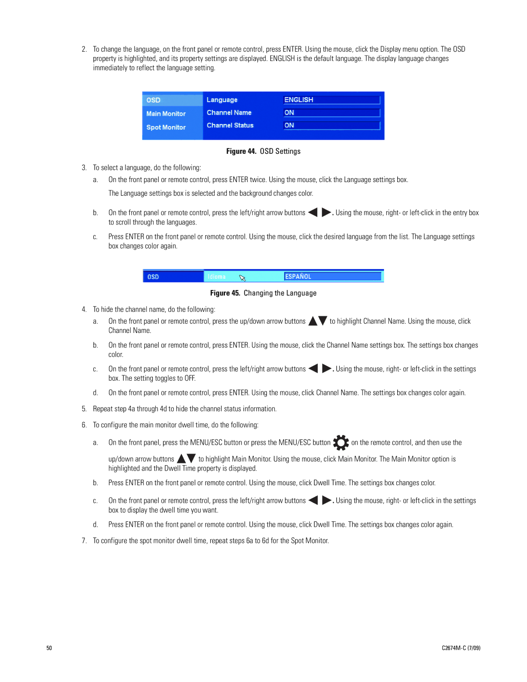 Pelco DX4600 manual OSD Settings To select a language, do the following 