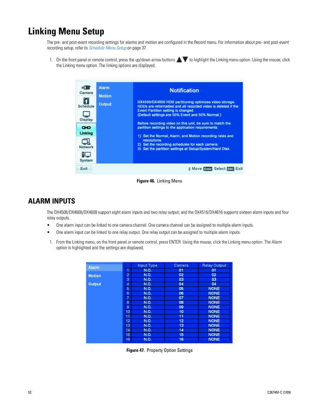 Pelco DX4600 manual Linking Menu Setup, Alarm Inputs 