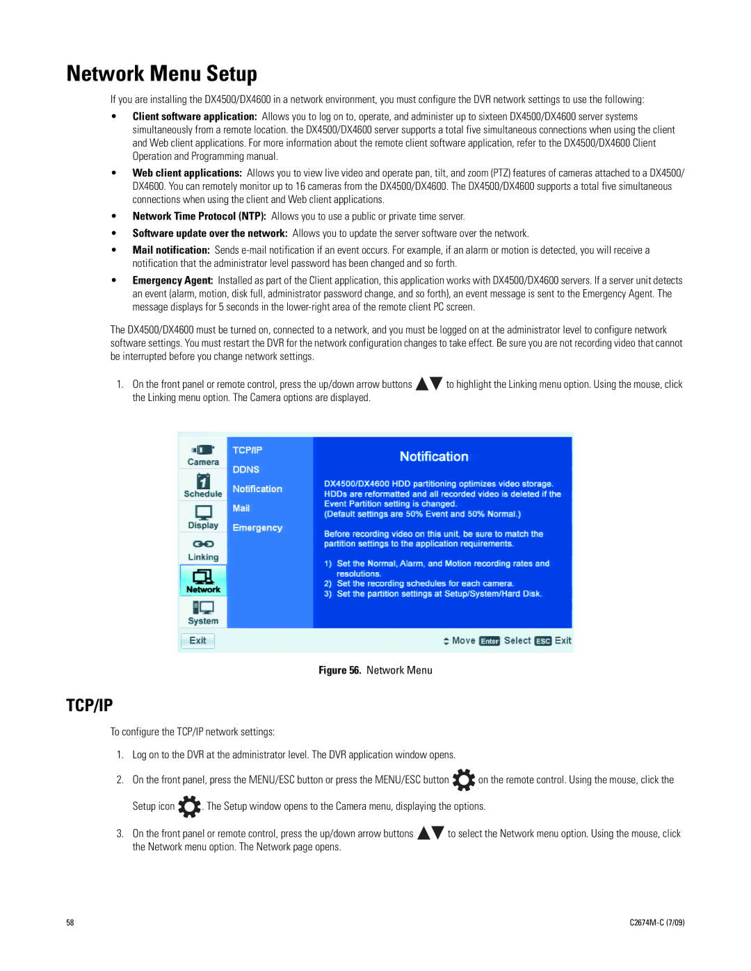 Pelco DX4600 manual Network Menu Setup, Tcp/Ip 