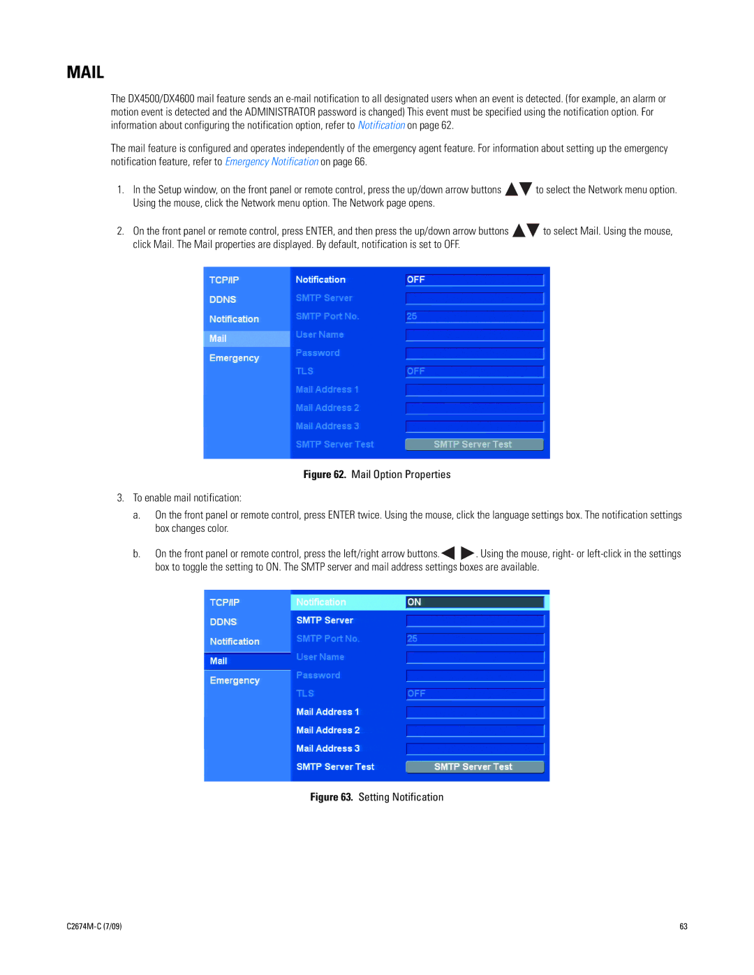 Pelco DX4600 manual Mail, Setting Notification 