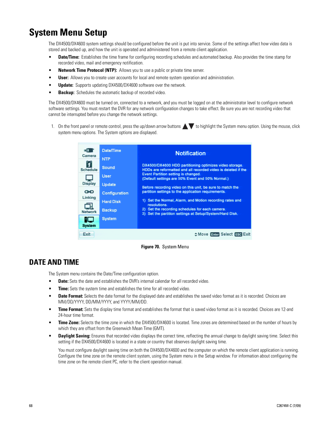 Pelco DX4600 manual System Menu Setup, Date and Time 