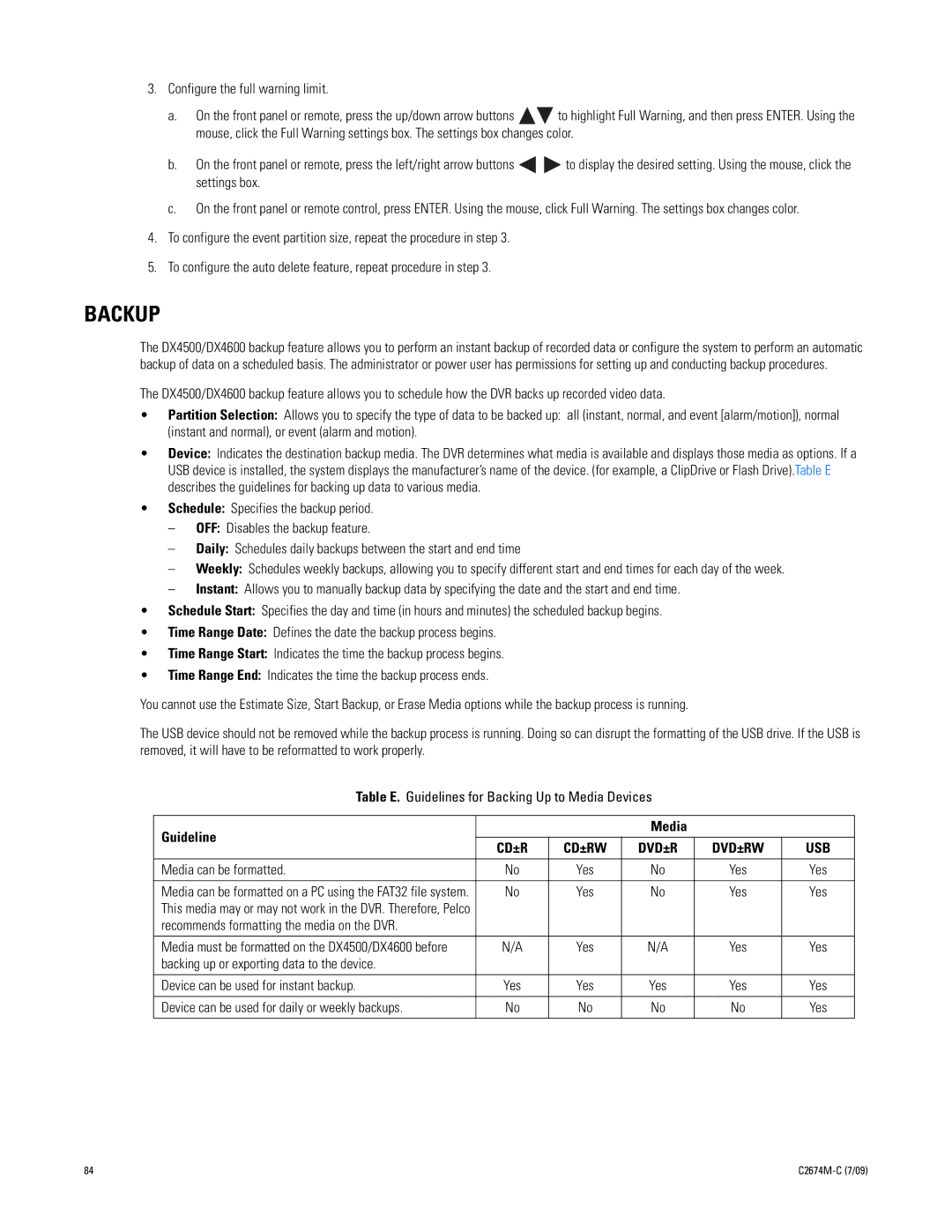 Pelco DX4600 manual Backup, Guideline Media, Media can be formatted, Recommends formatting the media on the DVR 