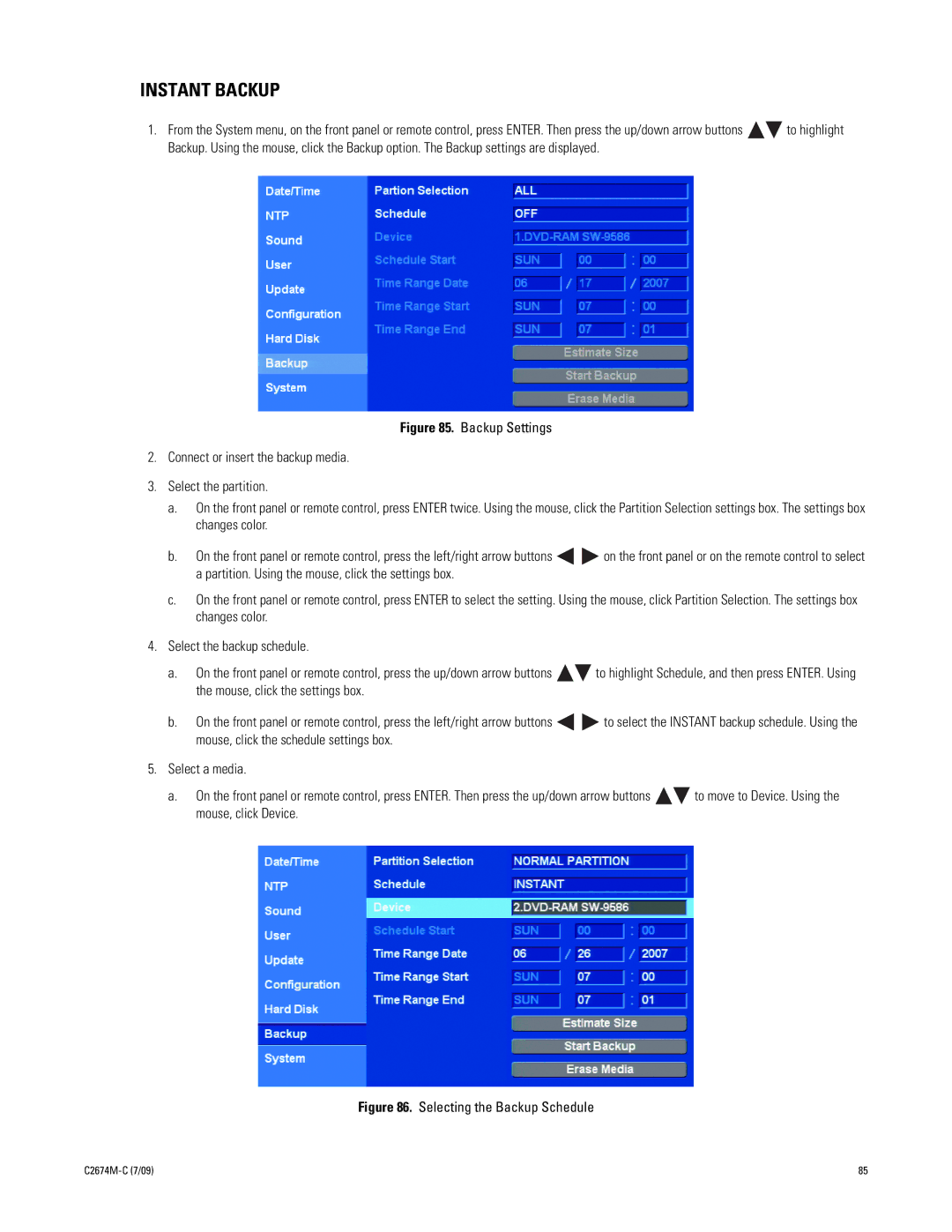 Pelco DX4600 manual Instant Backup, Selecting the Backup Schedule 