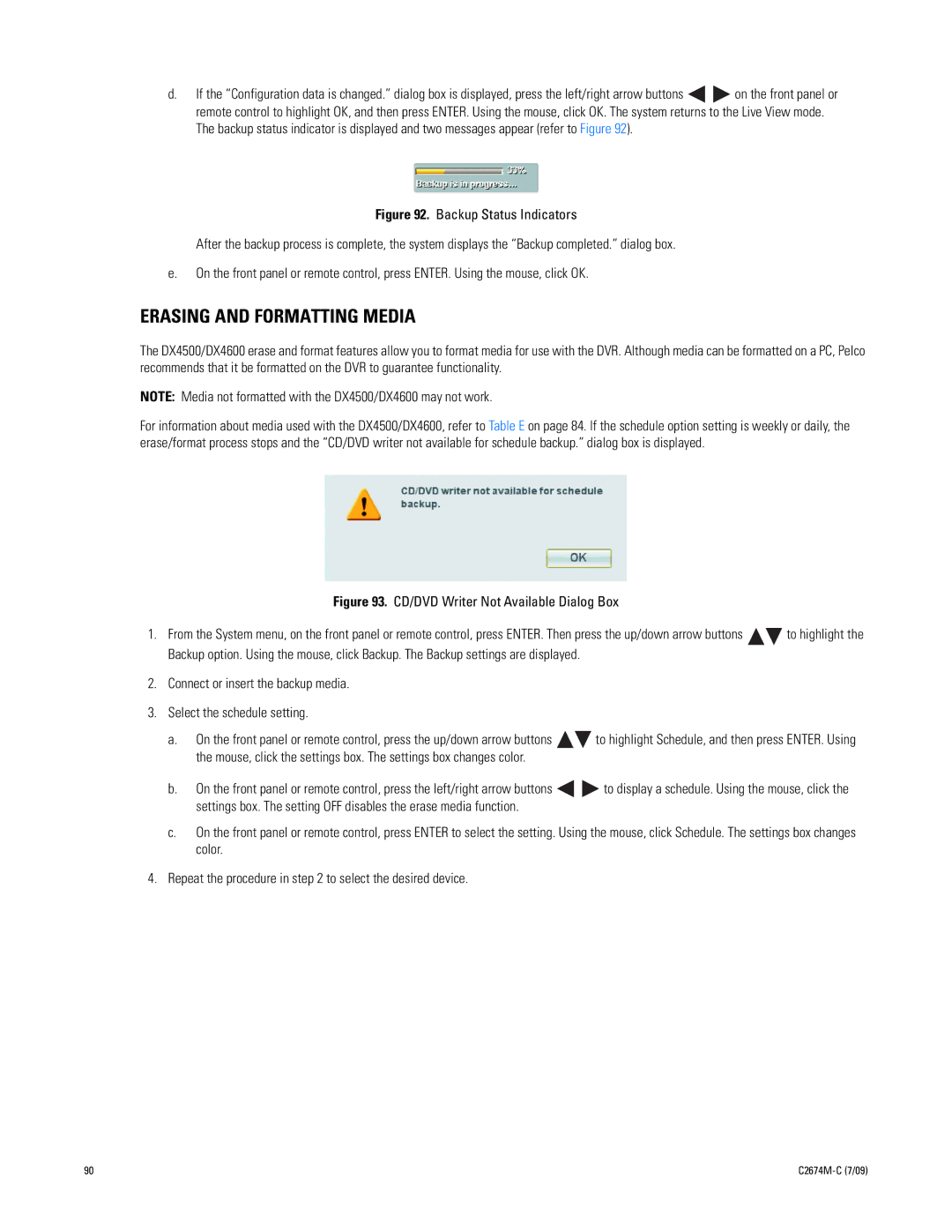Pelco DX4600 manual Erasing and Formatting Media, CD/DVD Writer Not Available Dialog Box 