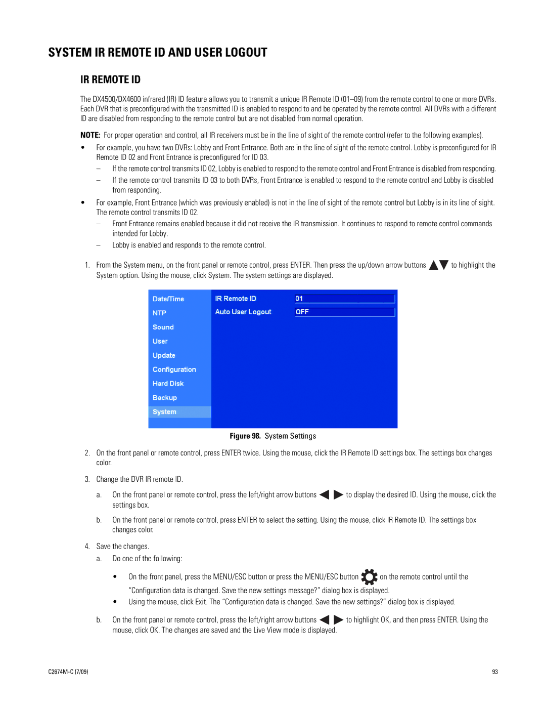 Pelco DX4600 manual System IR Remote ID and User Logout 