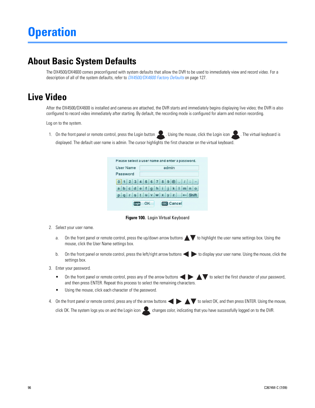 Pelco DX4600 manual About Basic System Defaults, Live Video, Log on to the system 