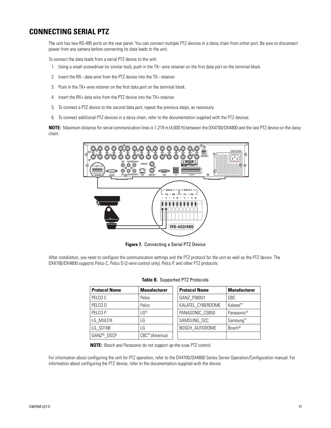 Pelco DX4700 manual Connecting Serial PTZ, Protocol Name Manufacturer 