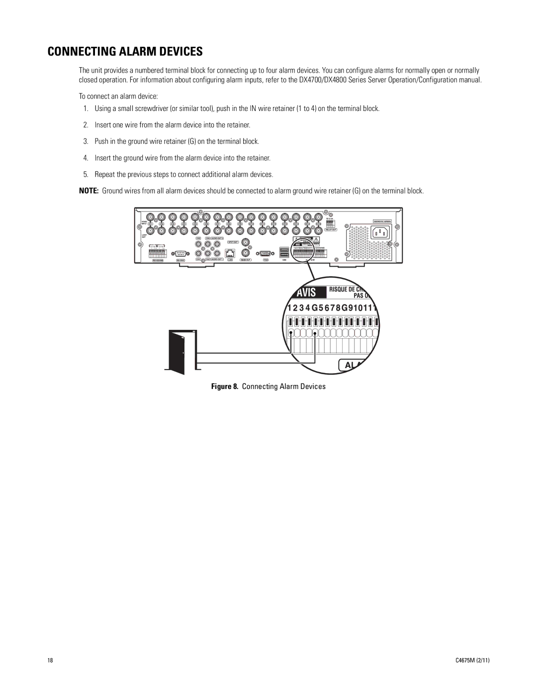 Pelco DX4700 manual Connecting Alarm Devices 