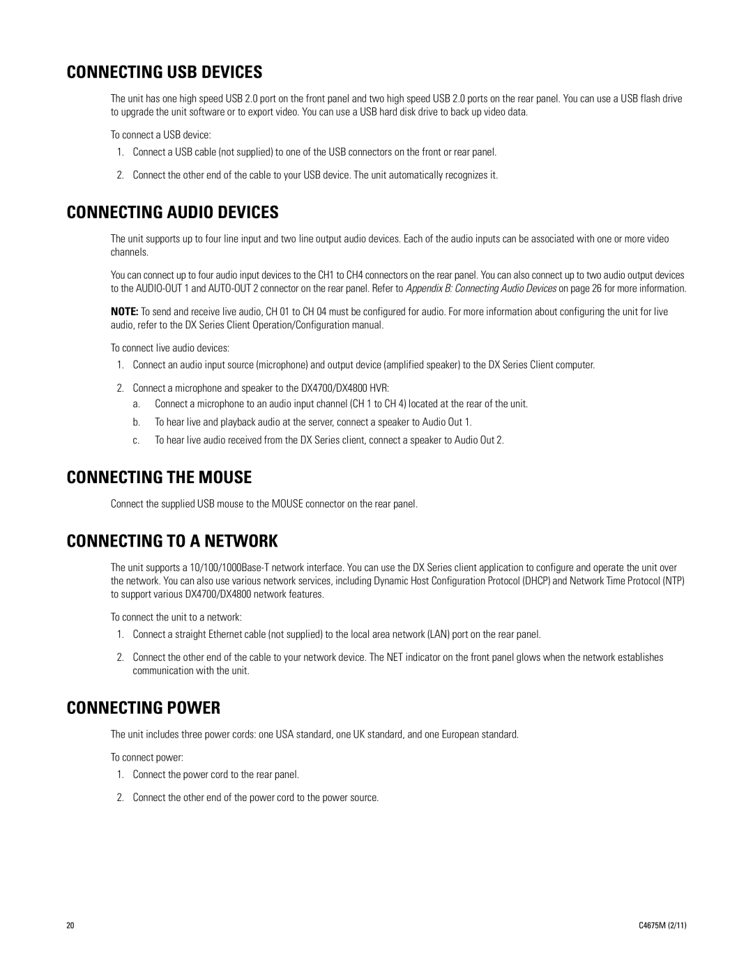 Pelco DX4700 manual Connecting USB Devices, Connecting Audio Devices, Connecting the Mouse, Connecting to a Network 