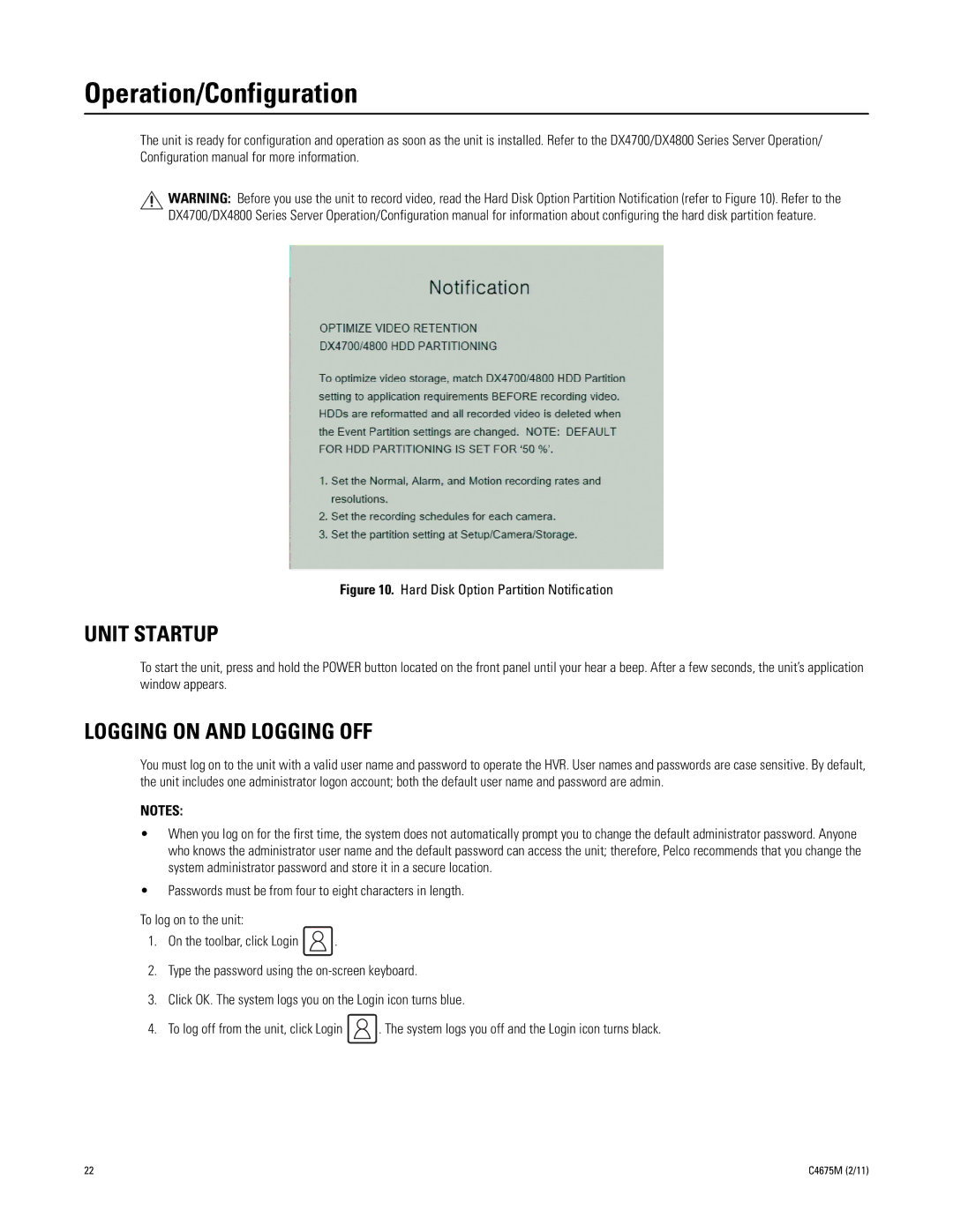 Pelco DX4700 manual Operation/Configuration, Unit Startup, Logging on and Logging OFF 