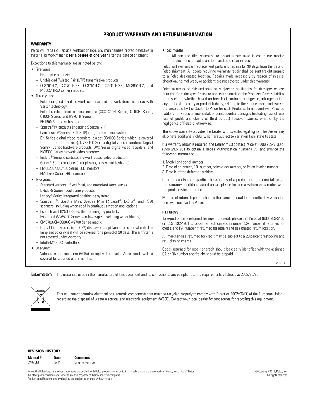 Pelco DX4700 manual Product Warranty and Return Information 