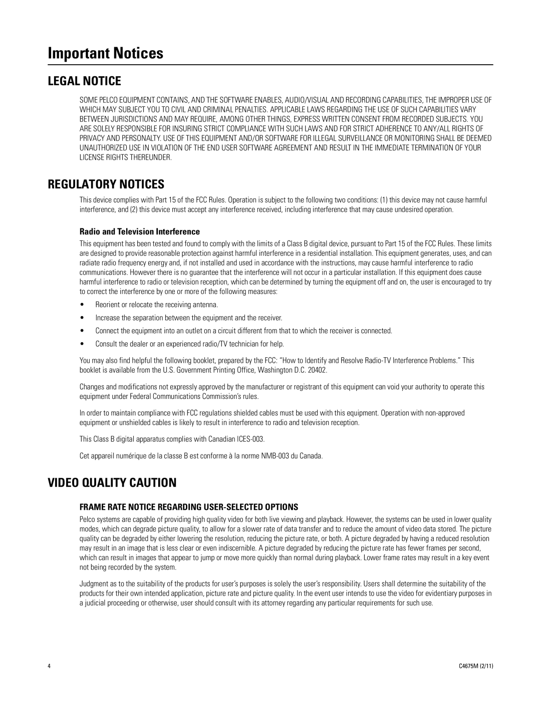 Pelco DX4700 manual Important Notices, Legal Notice, Regulatory Notices, Video Quality Caution 