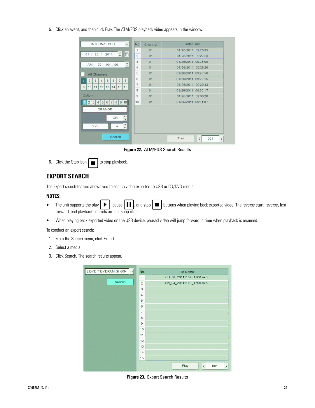 Pelco DX4700, DX4800 manual Export Search, ATM/POS Search Results Click the Stop icon to stop playback 