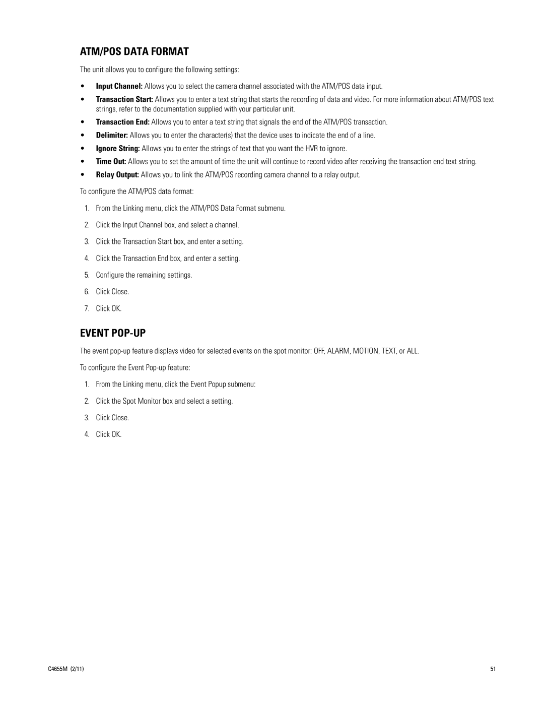 Pelco DX4700, DX4800 manual ATM/POS Data Format, Event POP-UP 