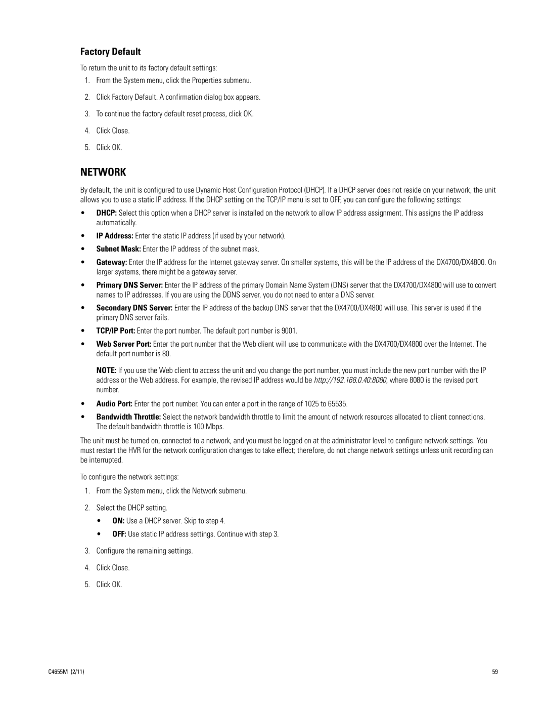 Pelco DX4700, DX4800 manual Network, Factory Default 