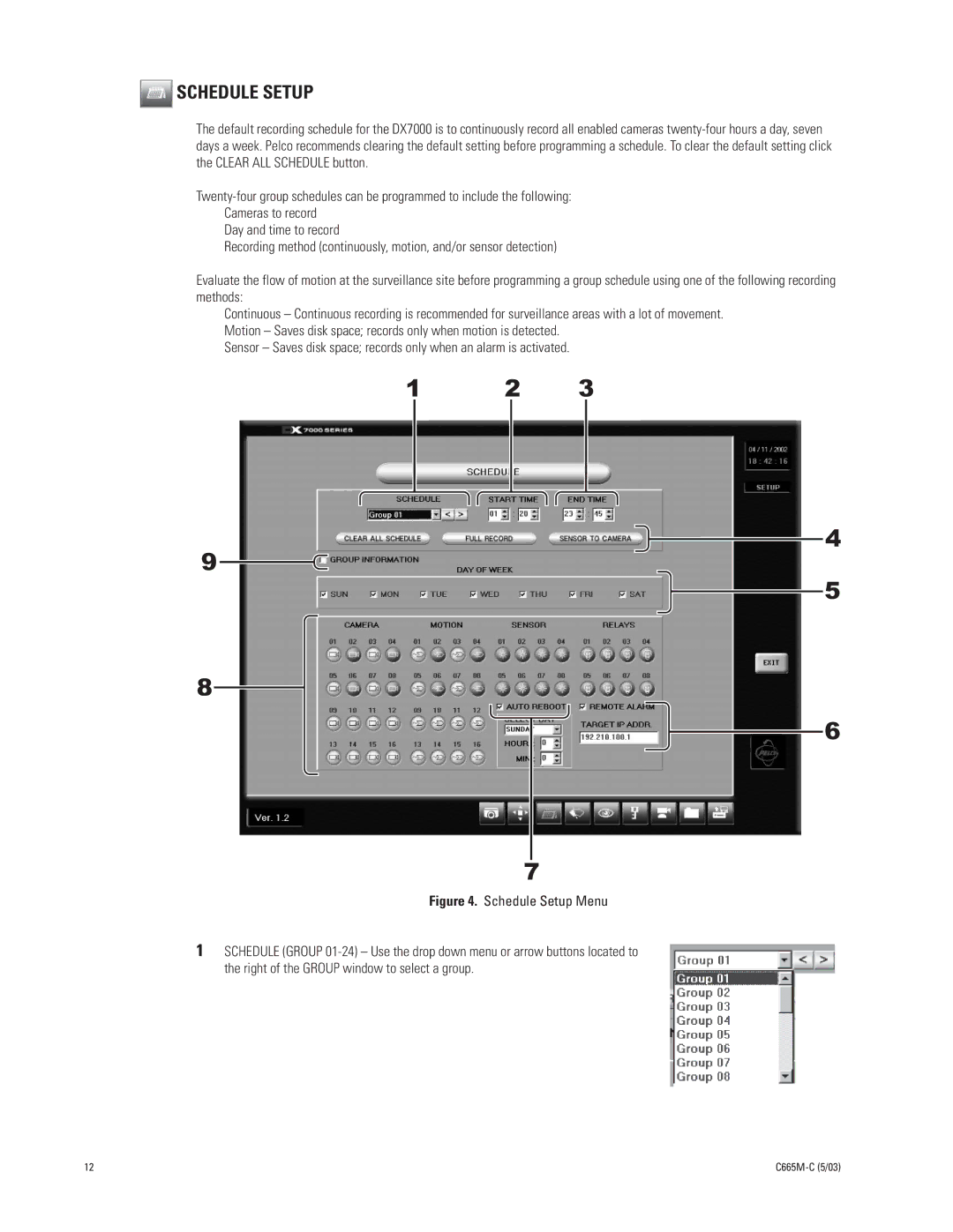 Pelco DX7000 manual Schedule Setup Menu 