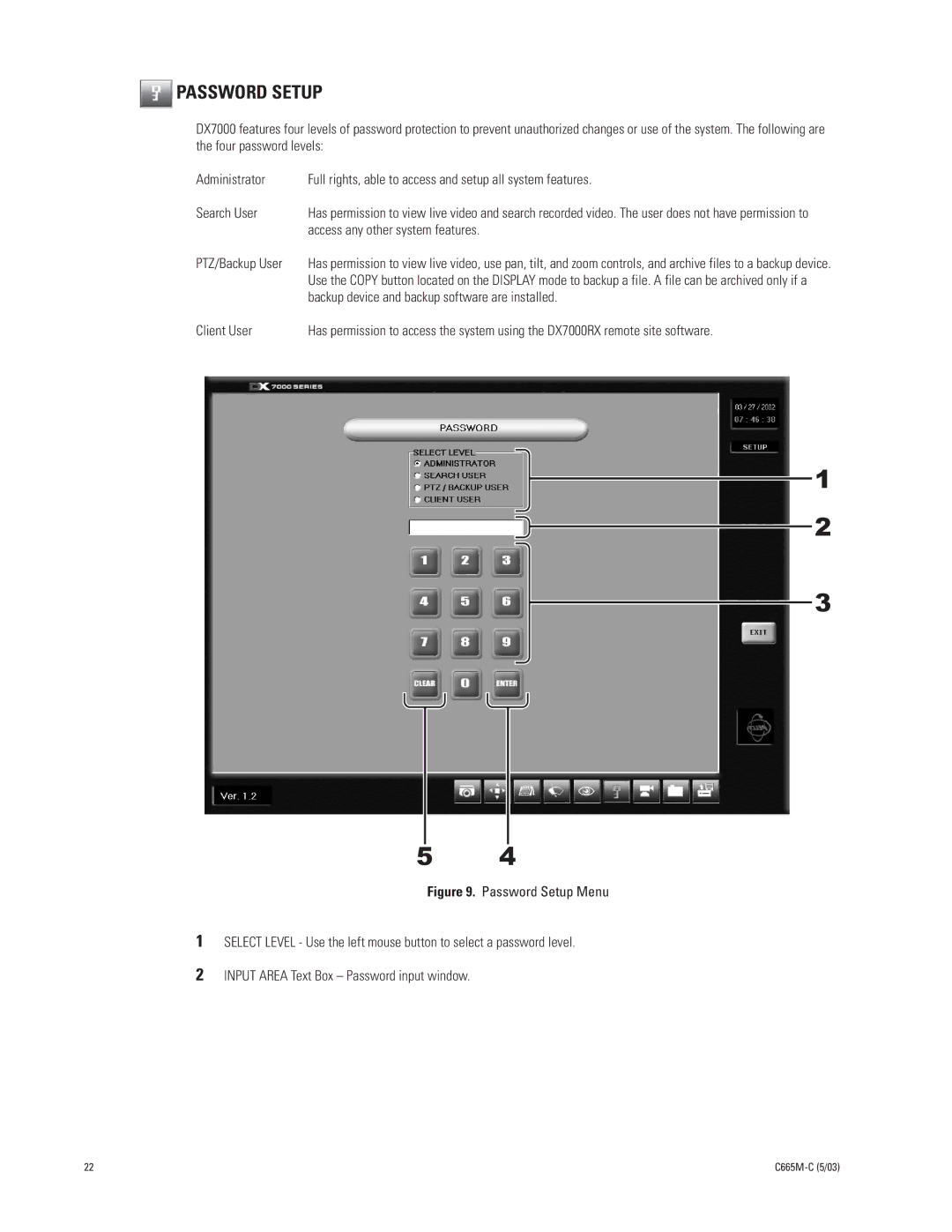 Pelco DX7000 manual Password Setup, PTZ/Backup User 