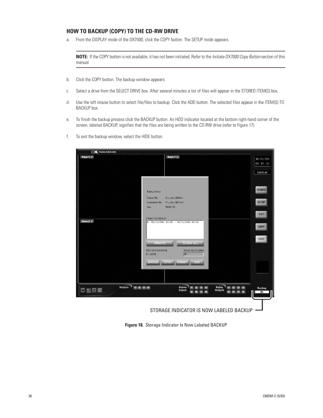 Pelco DX7000 manual HOW to Backup Copy to the CD-RW Drive, Storage Indicator Is Now Labeled Backup 