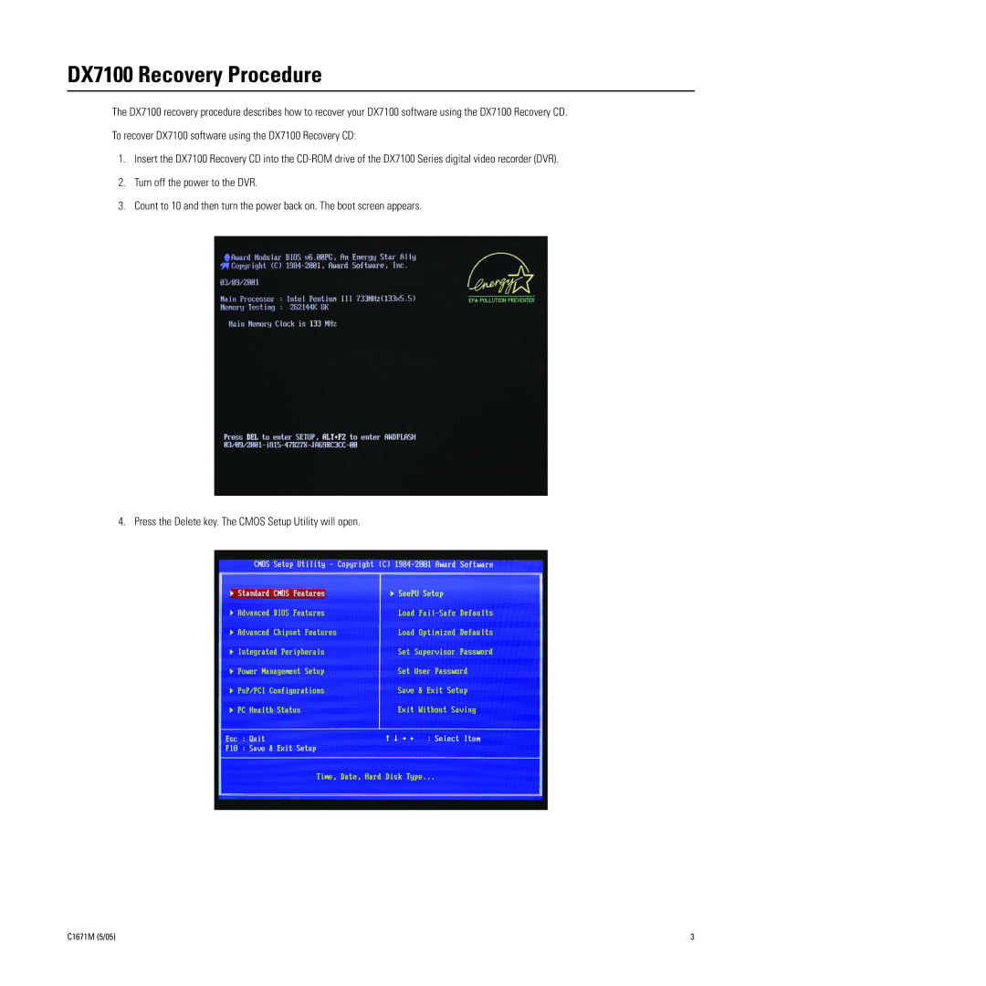 Pelco DX7100 Series Recovery Instructions manual DX7100 Recovery Procedure 