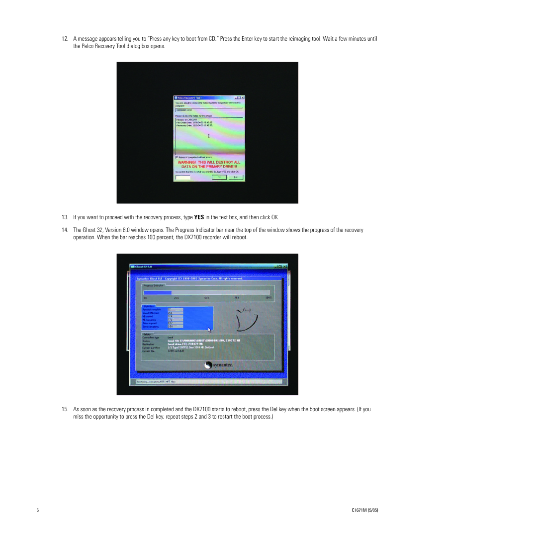 Pelco DX7100 Series Recovery Instructions manual C1671M 5/05 