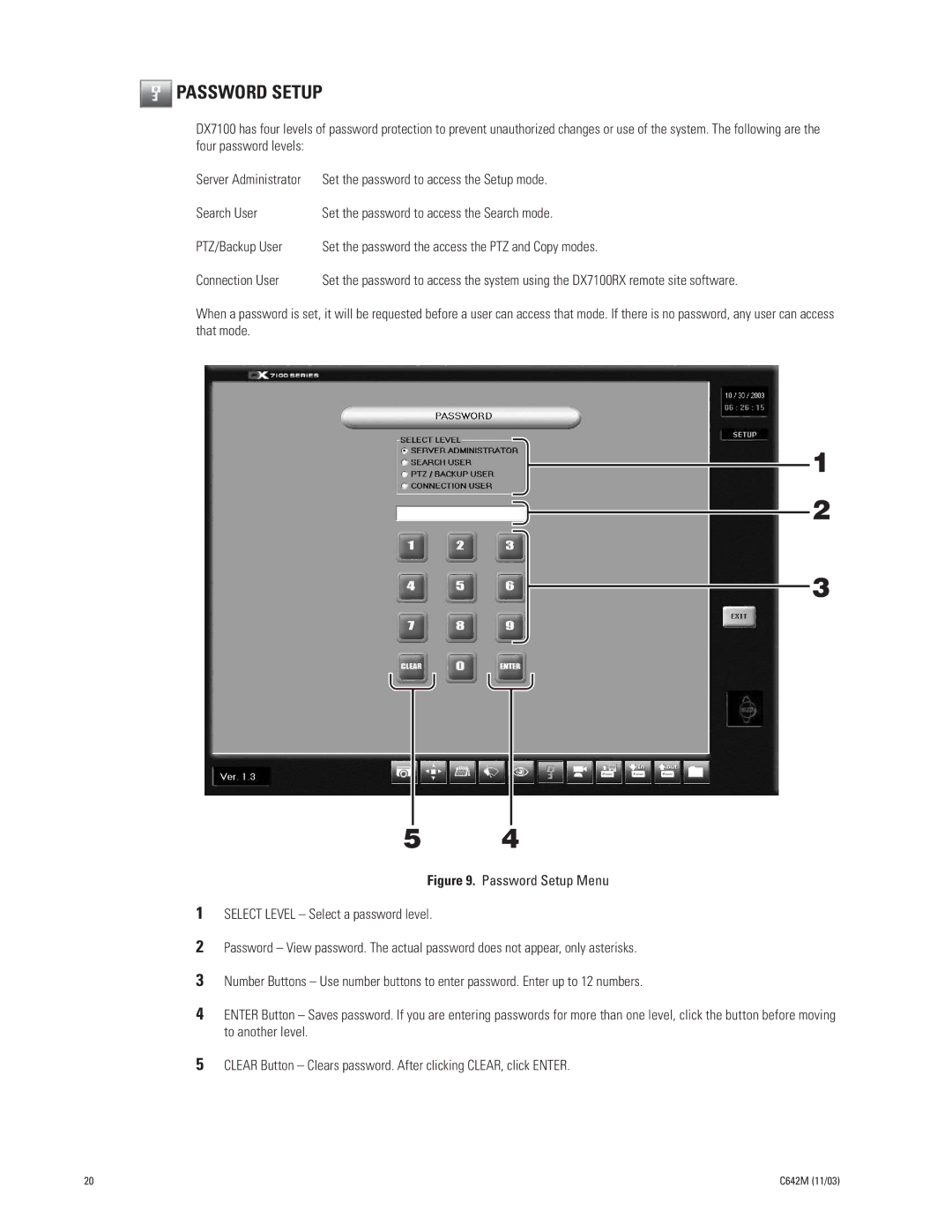 Pelco DX7100 manual Password Setup 