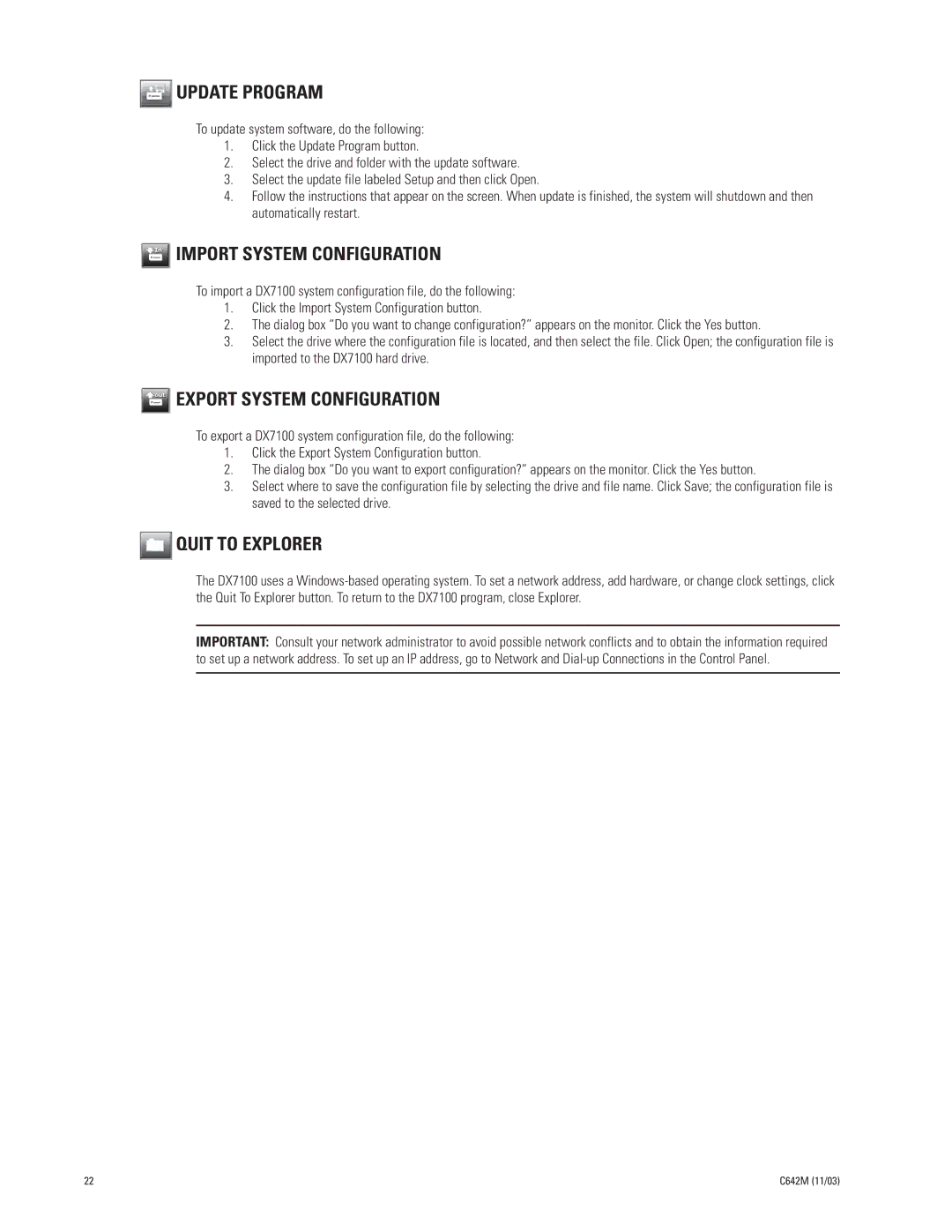 Pelco DX7100 manual Update Program, Import System Configuration, Export System Configuration, Quit to Explorer 