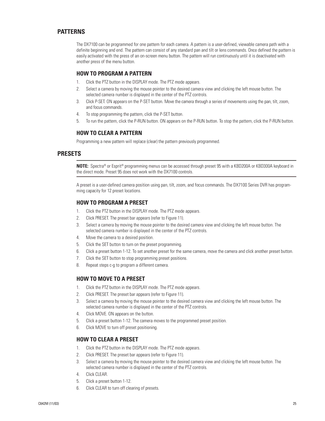 Pelco DX7100 manual Patterns, Presets 