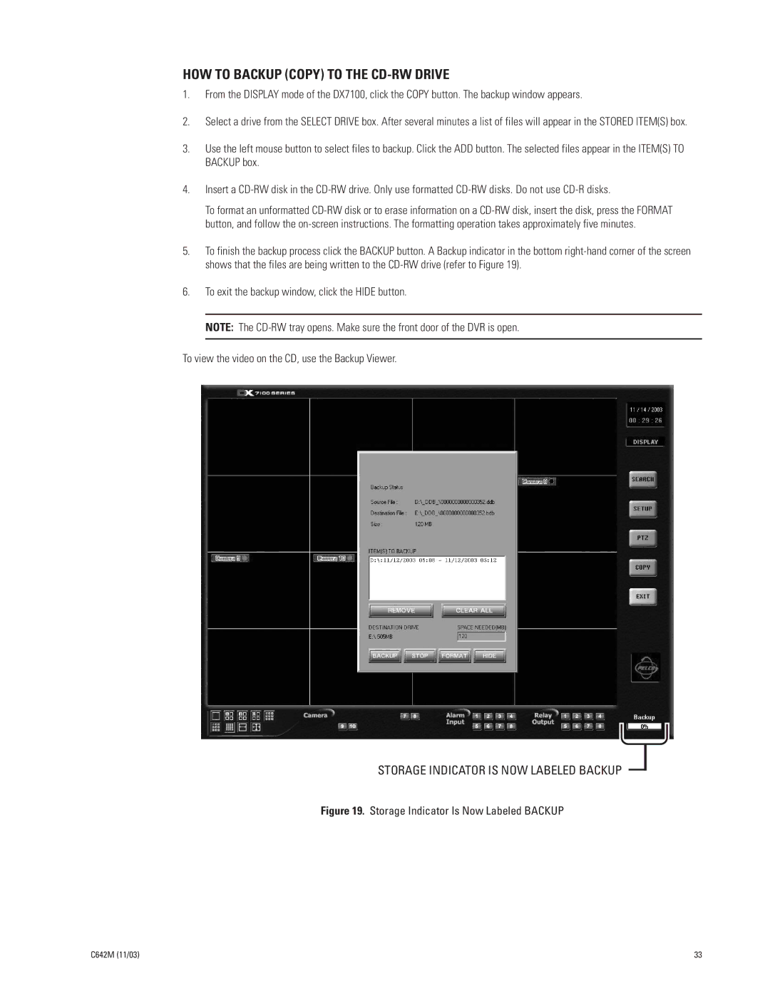 Pelco DX7100 manual HOW to Backup Copy to the CD-RW Drive, Storage Indicator Is Now Labeled Backup 