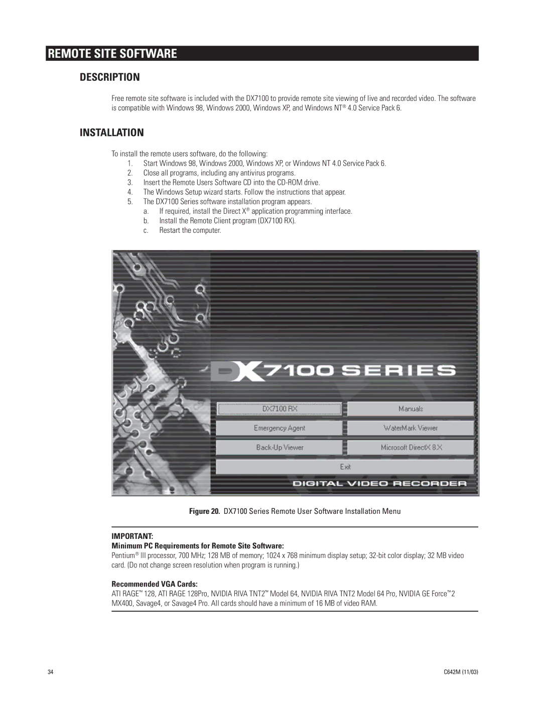 Pelco DX7100 manual Remote Site Software, Description, Installation 