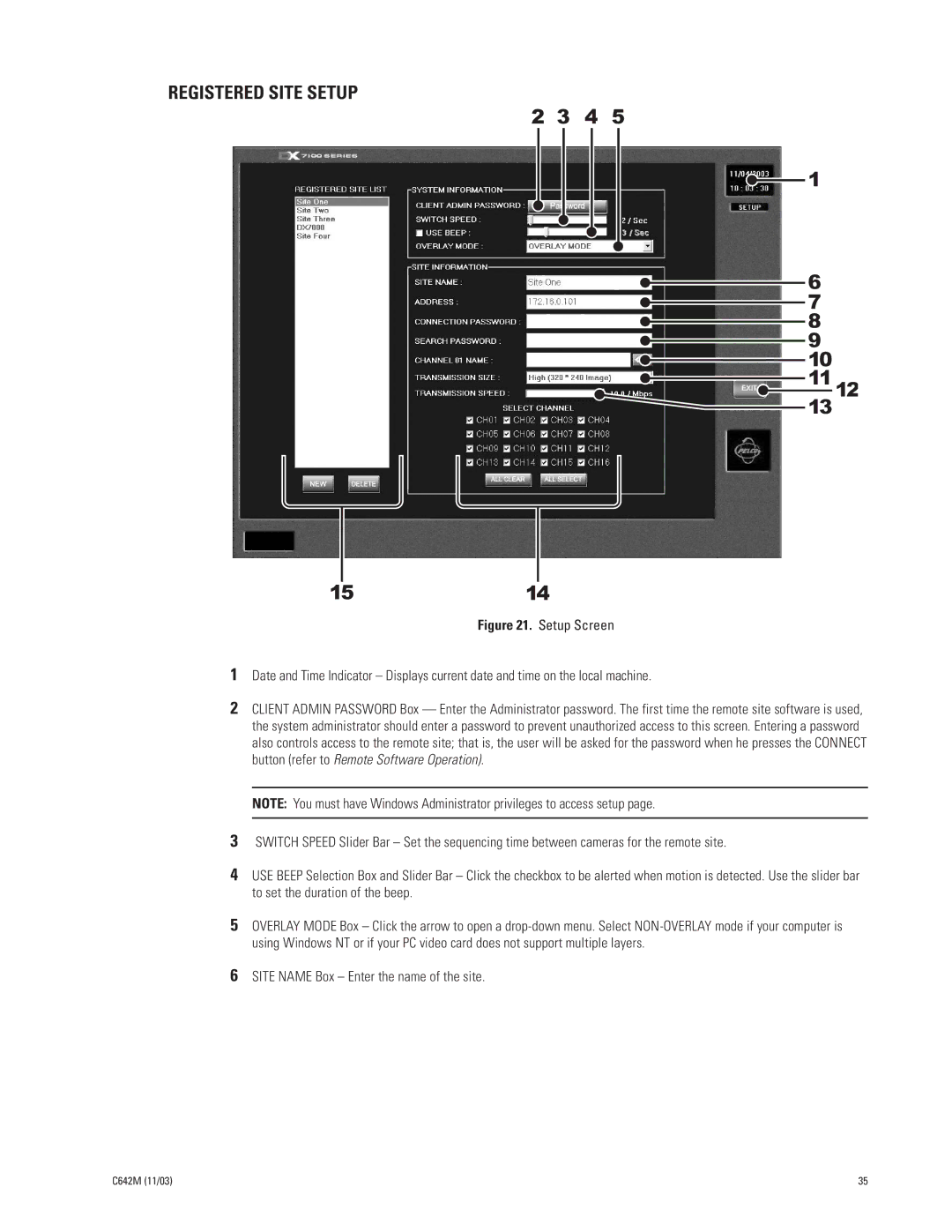 Pelco DX7100 manual 1112 1514, Registered Site Setup 