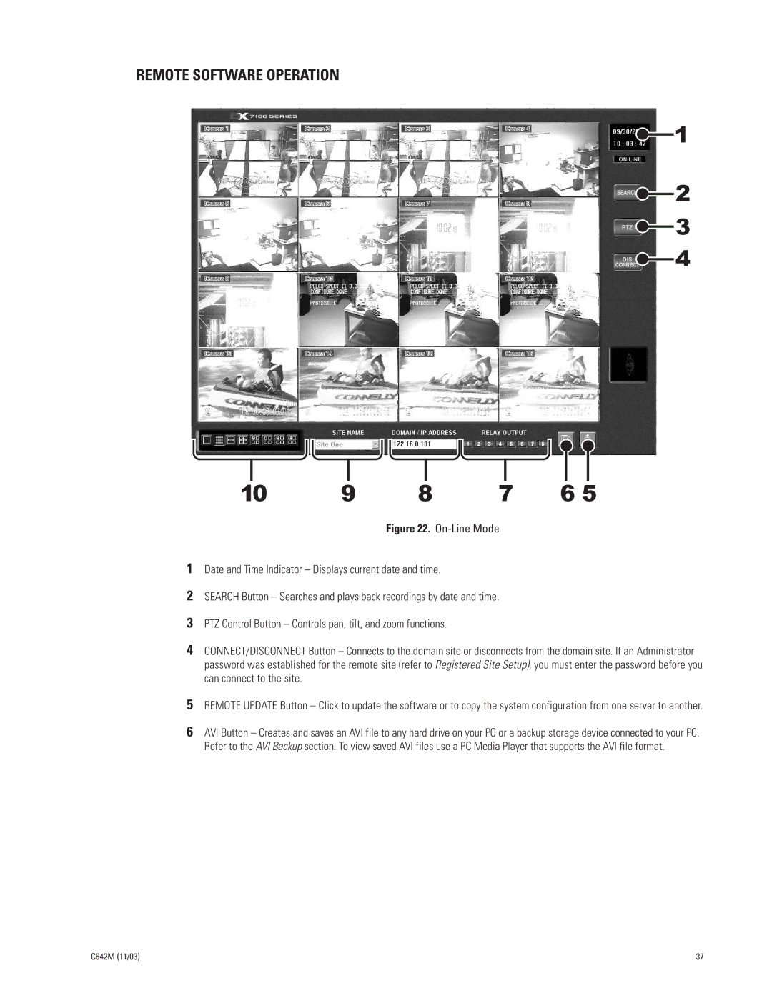 Pelco DX7100 manual Remote Software Operation, On-Line Mode 