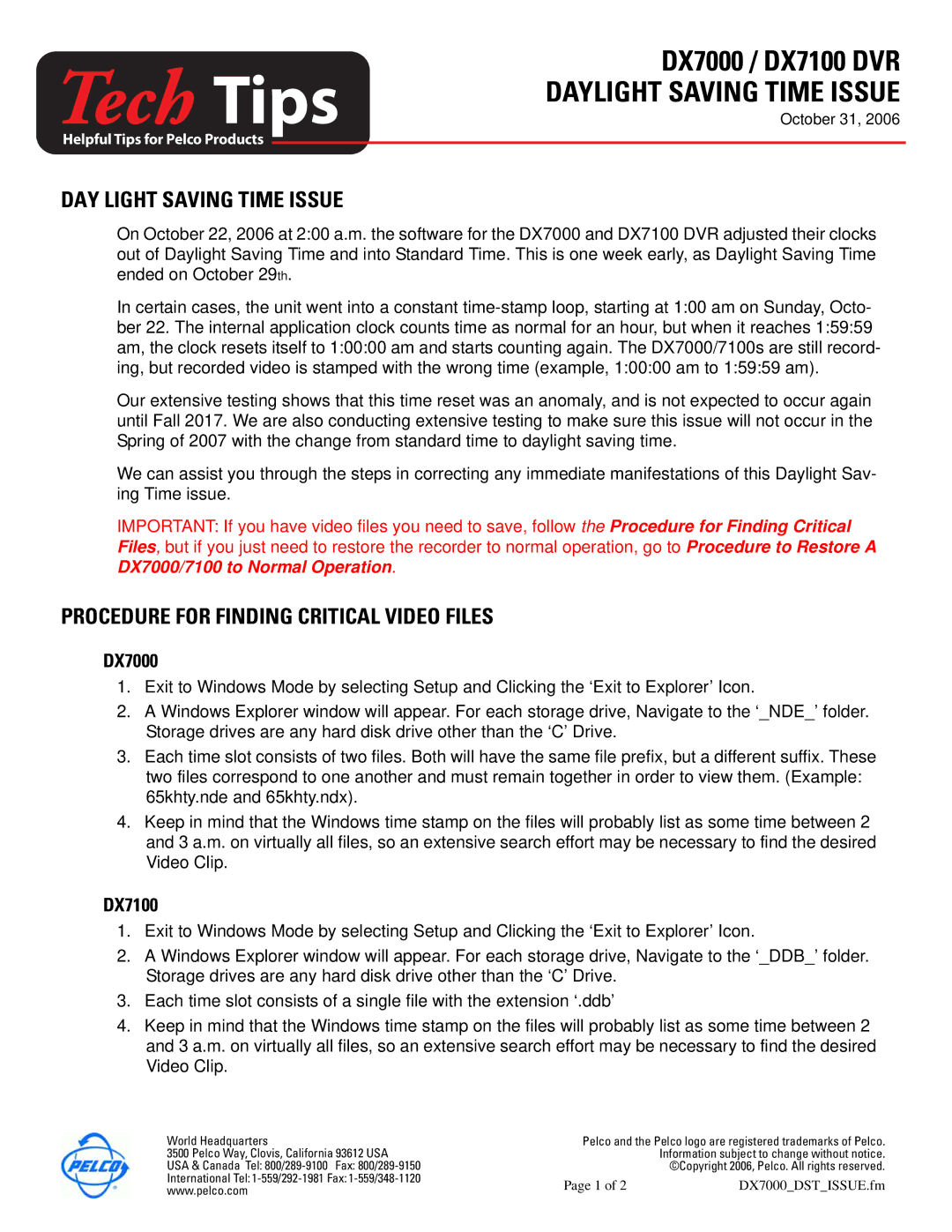 Pelco manual Tech Tips, DX7000 / DX7100 DVR Daylight Saving Time Issue, DAY Light Saving Time Issue 