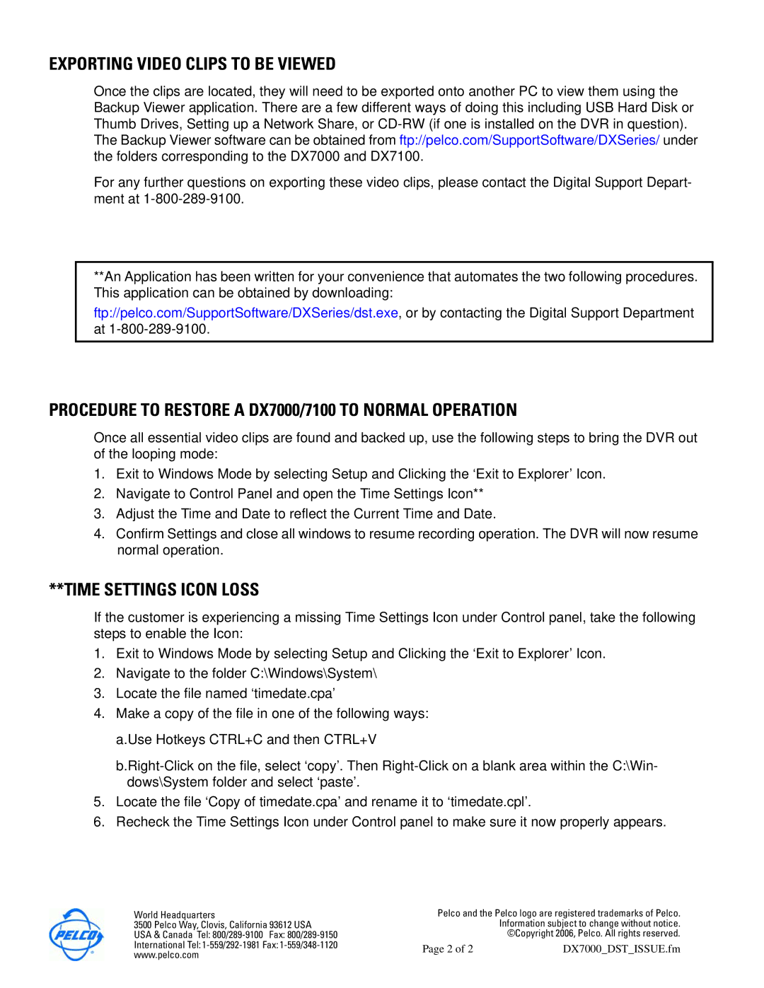 Pelco DX7100 manual Exporting Video Clips to be Viewed, Procedure to Restore a DX7000/7100 to Normal Operation 
