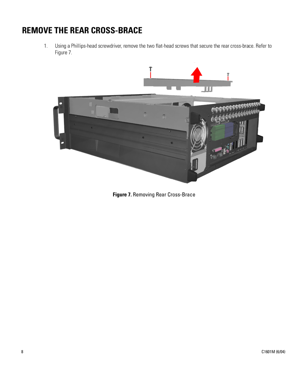 Pelco DX8000-MUX16 installation manual Remove the Rear CROSS-BRACE 