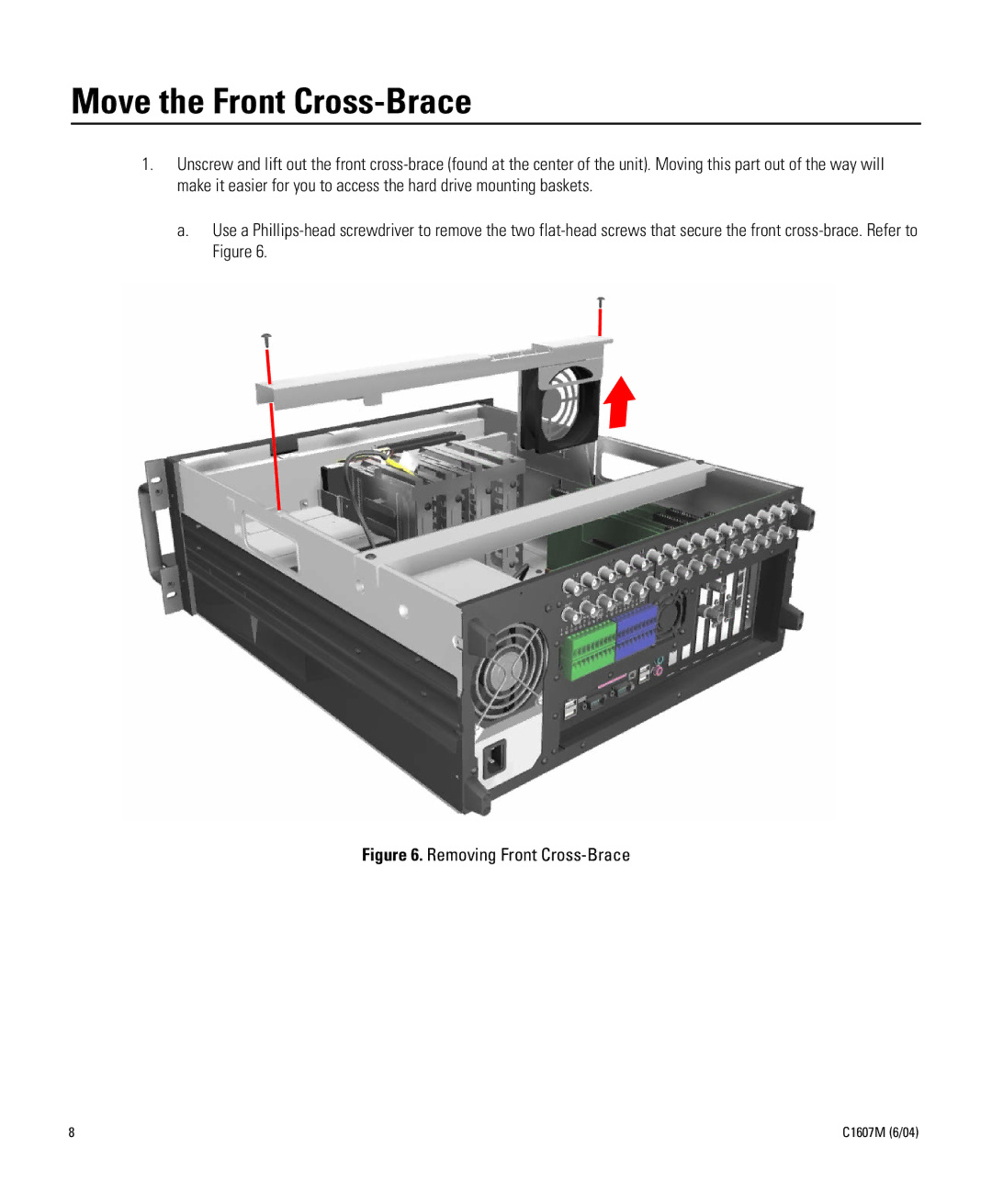 Pelco Dx8000 manual Move the Front Cross-Brace, Removing Front Cross-Brace 